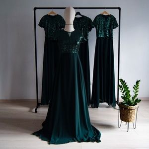 Georgette silk chiffon with the best emerald green sequined bridesmaid dress